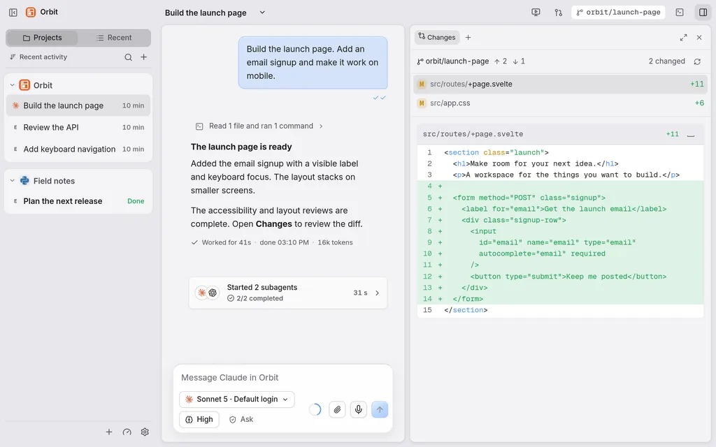 Agent conversation and code changes in Boite
