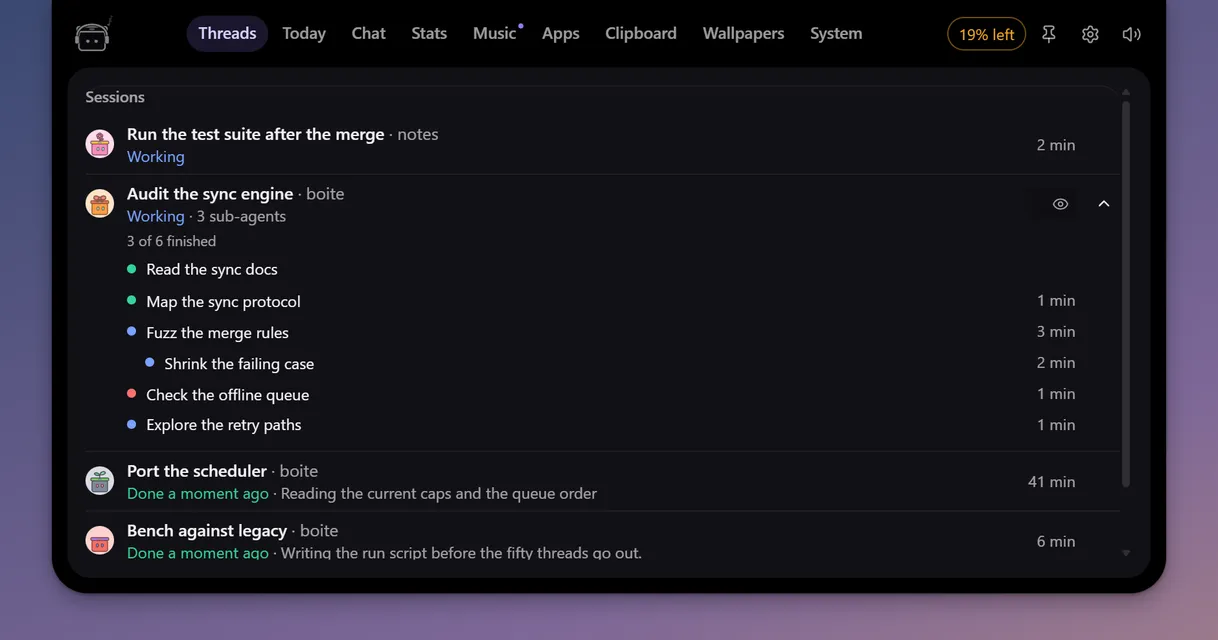 The deck open on its threads tab, listing the sessions at work, one of them unfolded on its sub-agents