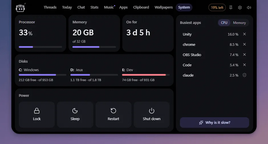 The pointer going through the deck's tabs: today, chat, stats, system, wallpapers, clipboard, apps and back to the threads