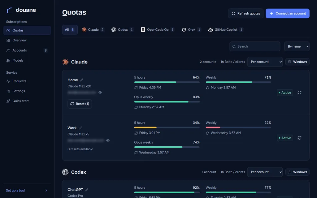 Quotas page: accounts grouped by provider, with five-hour and weekly windows, resets and extra credits