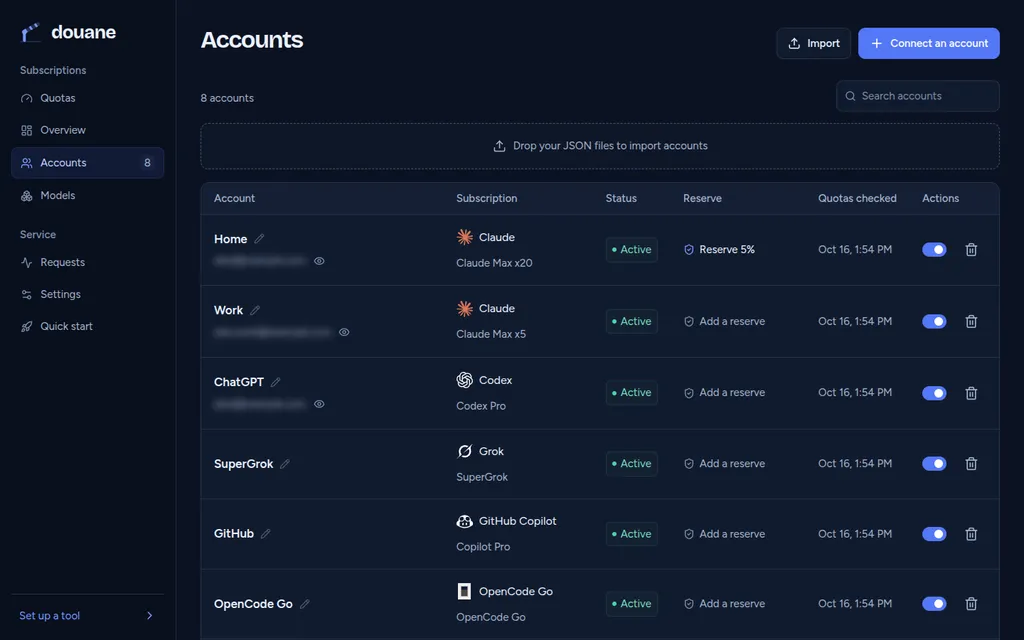 Accounts page with plan, state and reserve per account