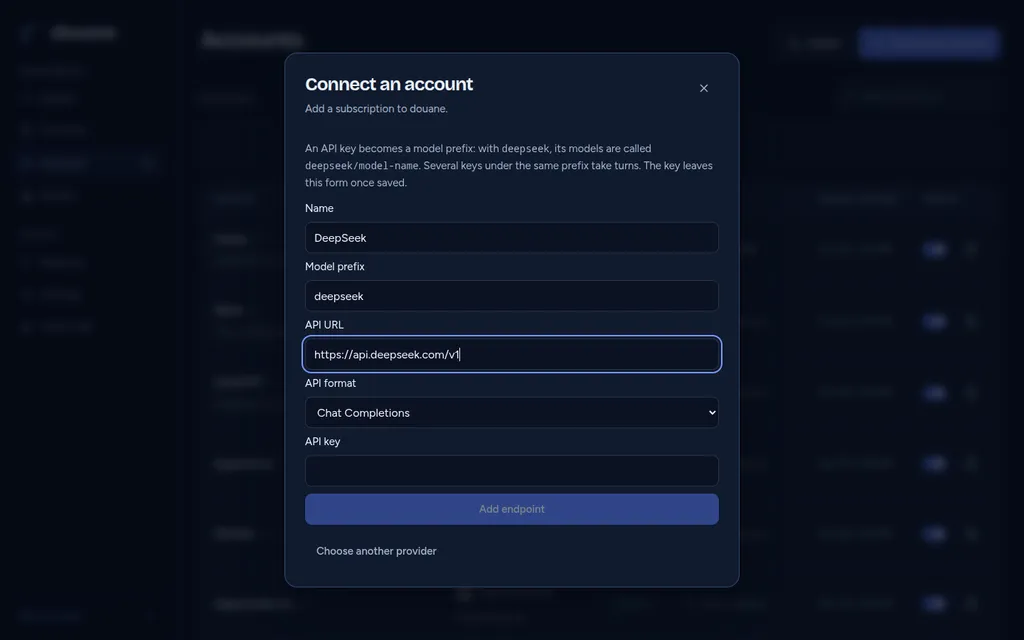 Connect dialog adding a DeepSeek key as the deepseek route