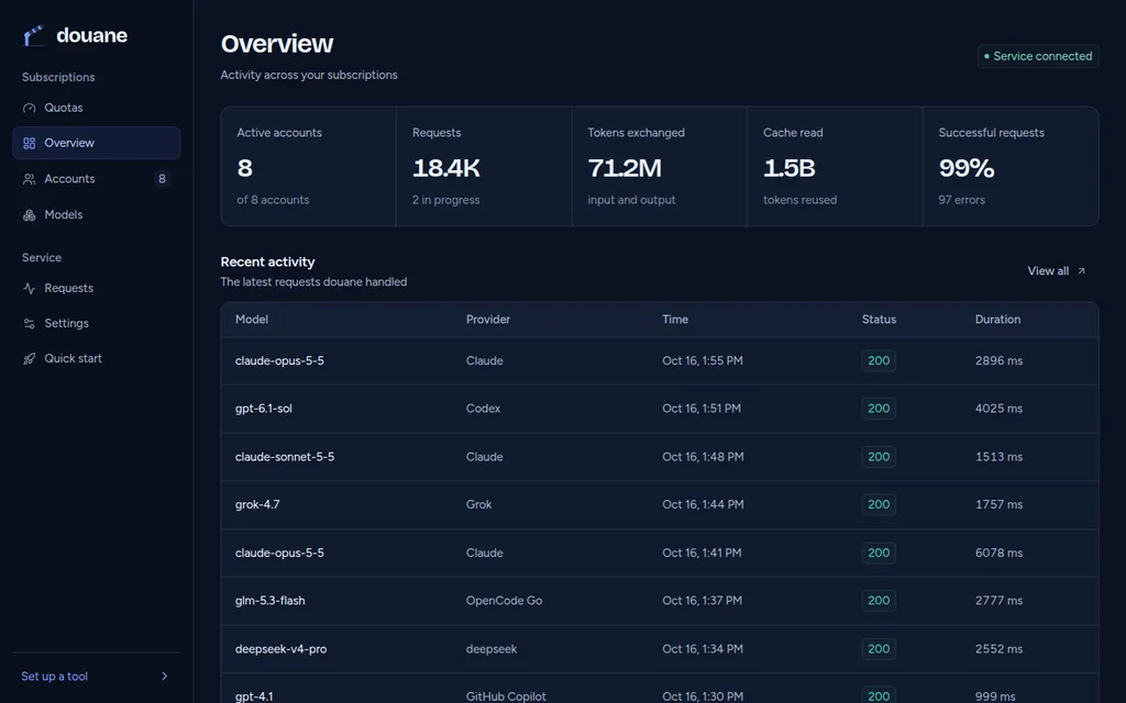 Overview page: active accounts, requests, tokens, cache reads and recent activity