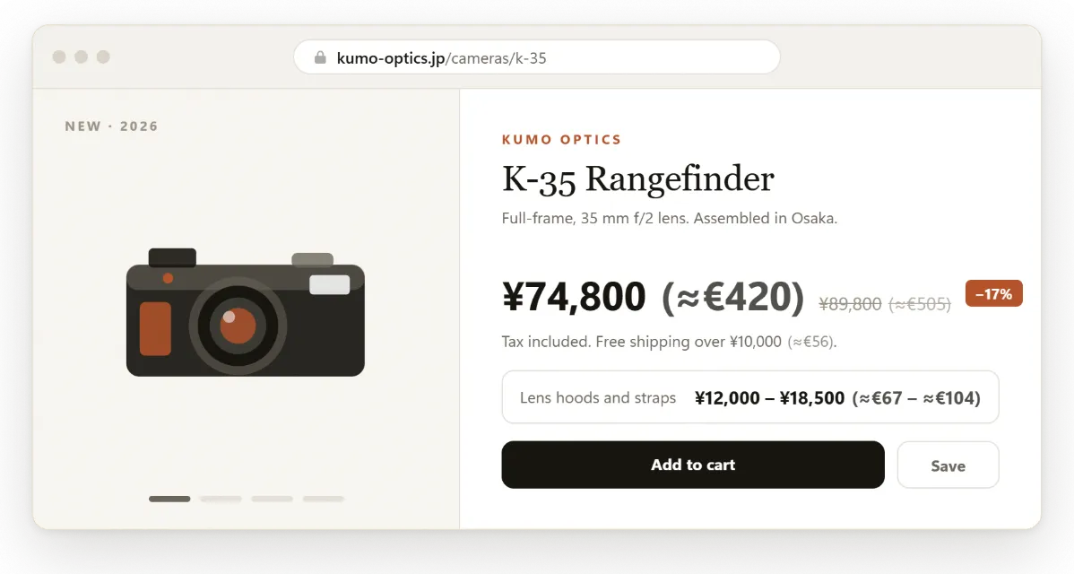 A product page where every yen amount is followed by its euro equivalent in brackets