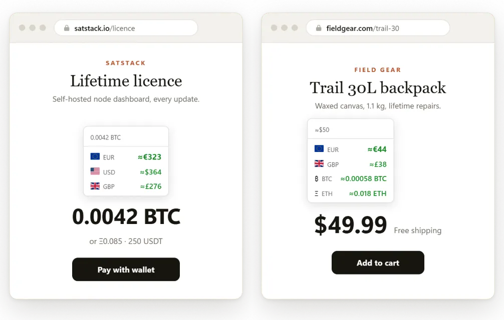 Left, a licence priced 0.0042 BTC read as euros, dollars and pounds. Right, a $49.99 backpack read in euros, pounds, bitcoin and ether.