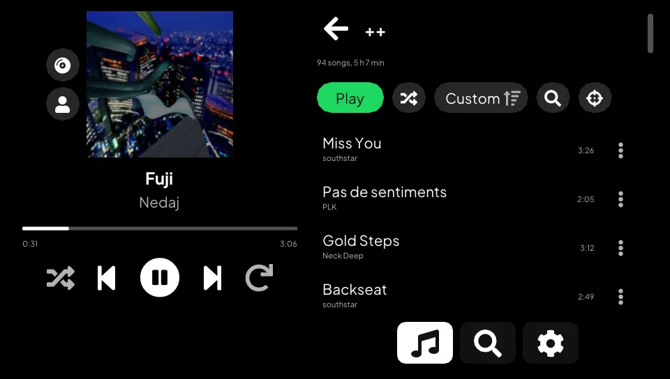 A playlist open next to the player