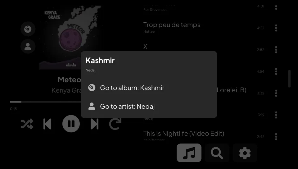 The menu of a song, with its album and artist